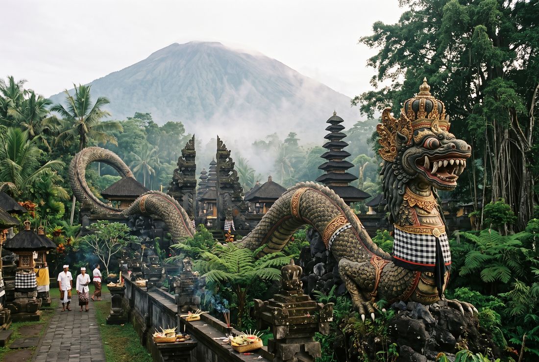 A crowned naga carved in stone guards a Balinese temple, a volcano in cloud behind it.