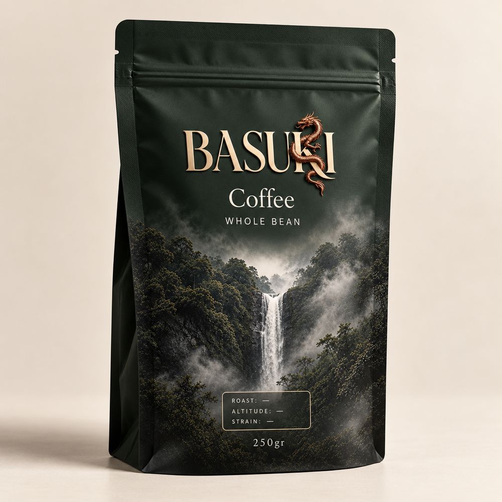 A dark green Basuki coffee pouch, whole bean, with the waterfall printed across it.