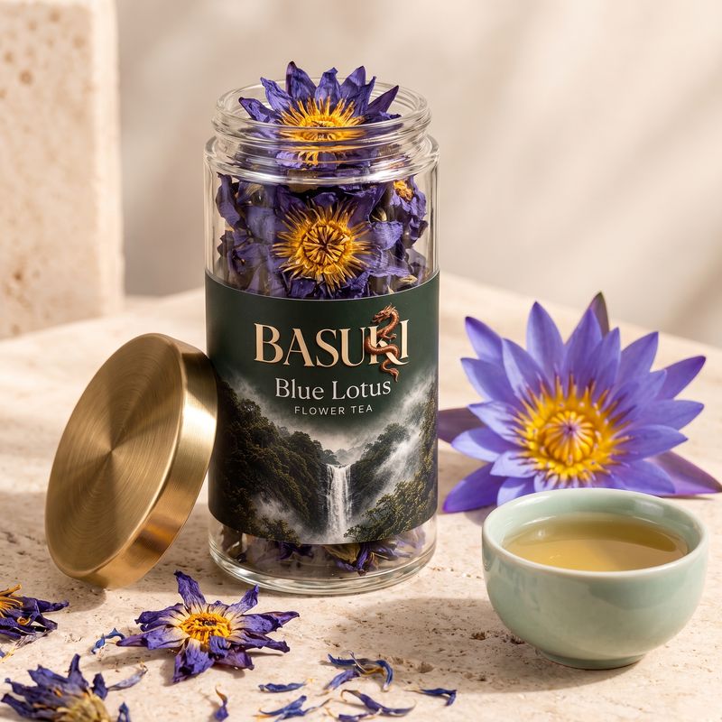 A Basuki blue lotus flower tea jar with the waterfall label.