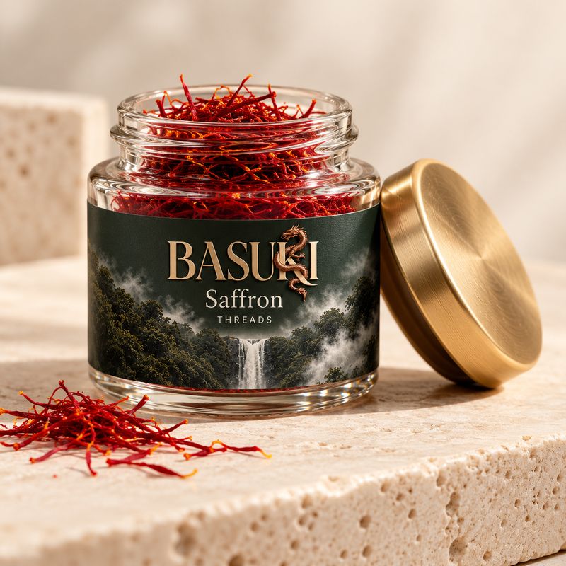 A Basuki saffron jar with the waterfall label.
