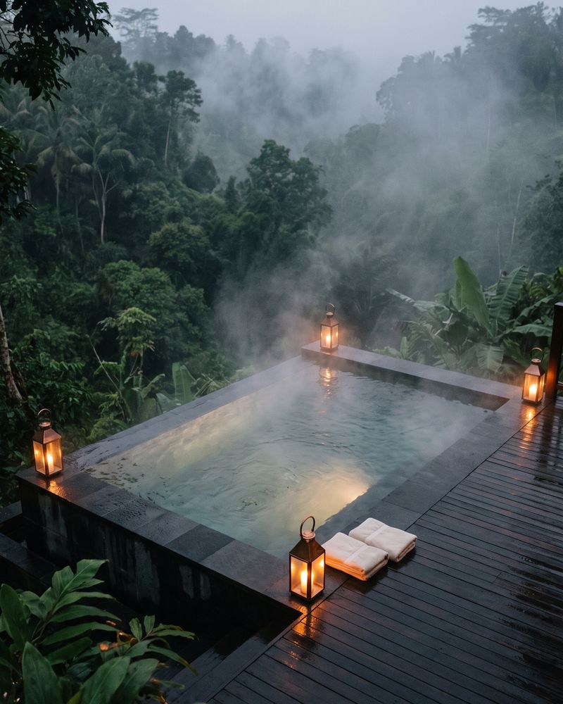 A villa plunge pool at dusk, steam rising into the forest.