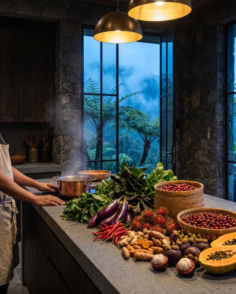 A just-picked harvest of greens, roots, fruit and coffee cherries on a stone kitchen counter.
