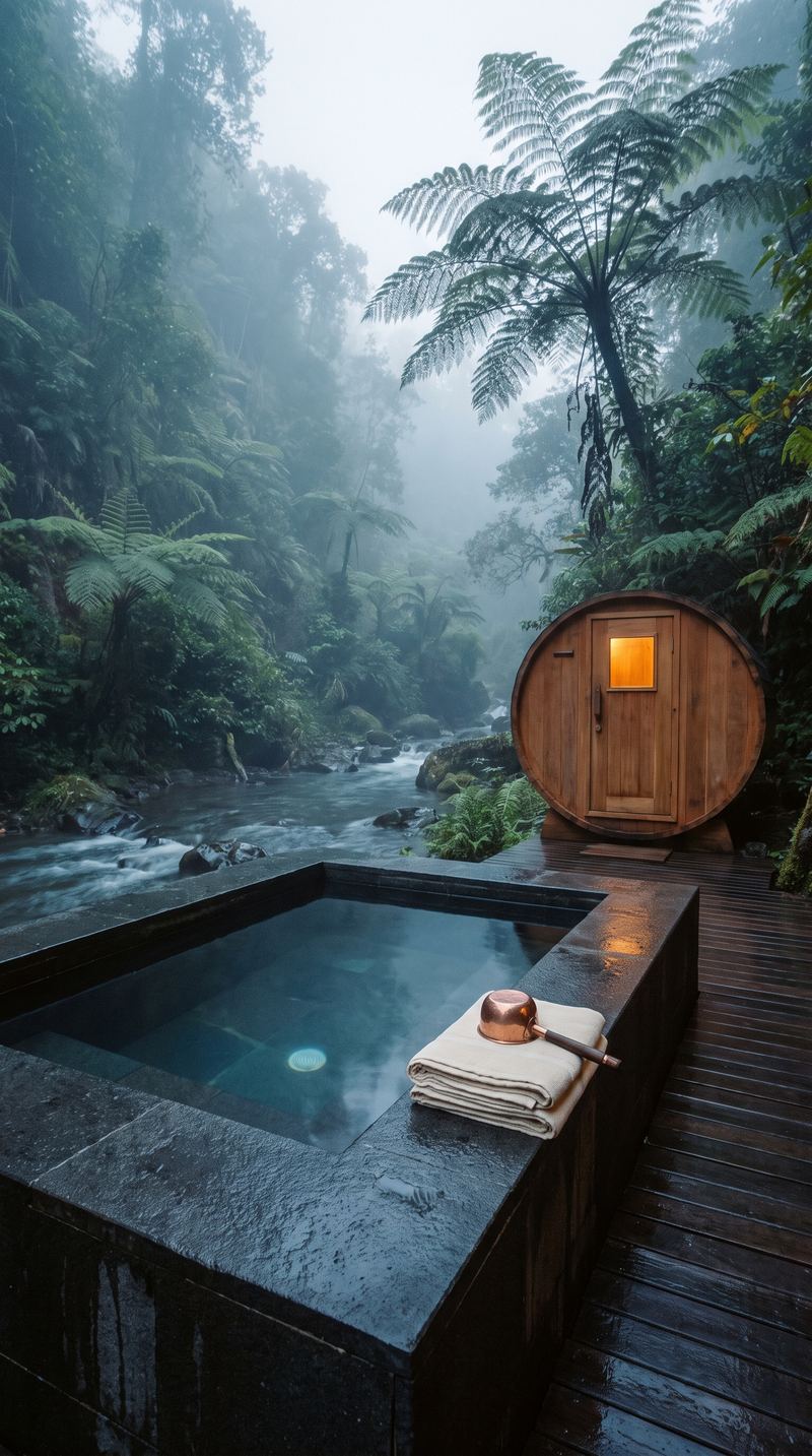 A cold plunge pool and barrel sauna beside a stream.